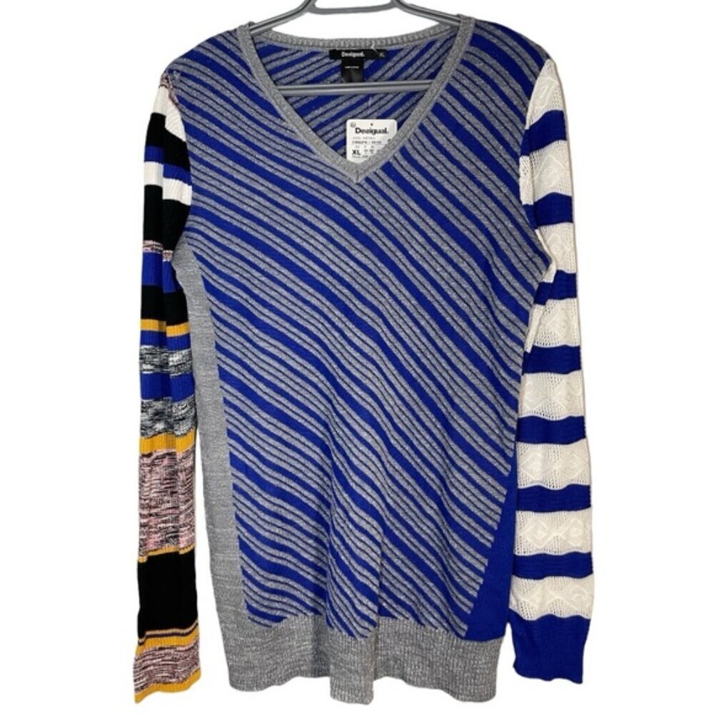 Desigual Blue Gray Multi-Stripe V-Neck Sweater